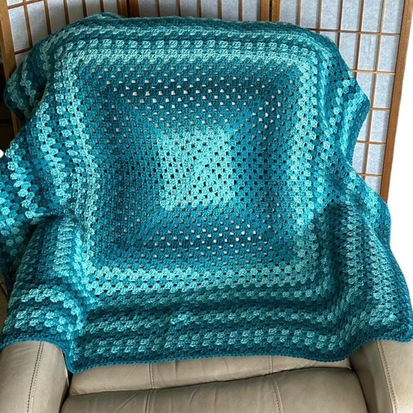 Handmade Crochet Teal Blue Green Throw Blanket - Picture 3 of 12